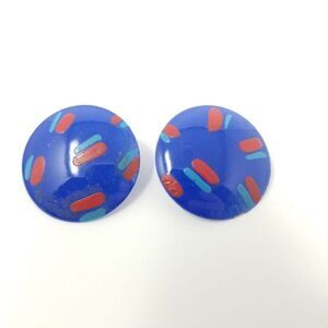 Vintage Retro Blue and Red Enamel Dome Stud Earrings, 80s Style, Bright Color